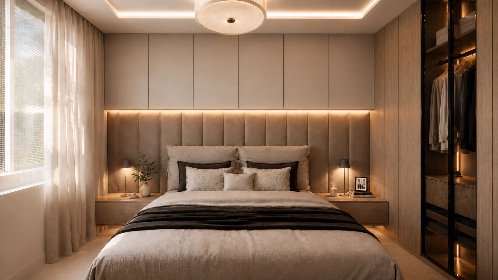 Bedroom with an upholstered headboard and built-in wardrobe