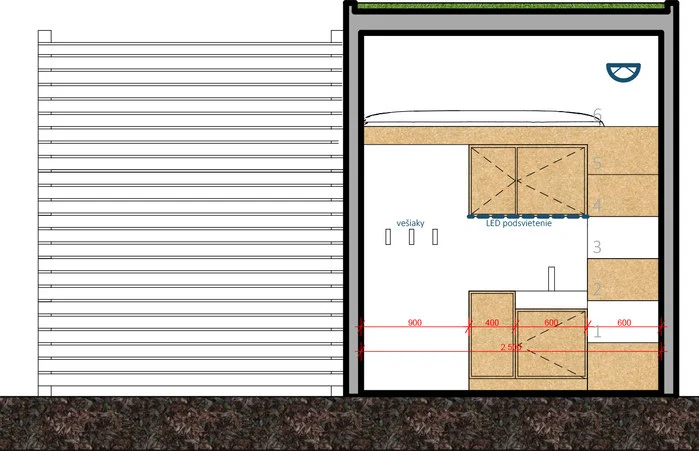 Tiny House Jarovce · section through the sleeping mezzanine