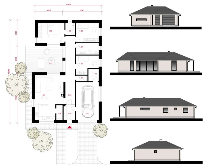 House Kechnec · floor plan and exterior elevations