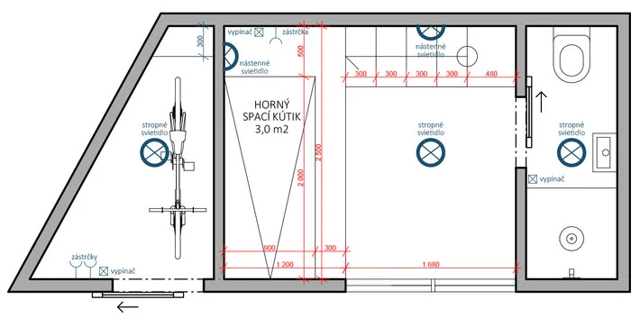 Tiny House Jarovce · upper-level electrical layouts